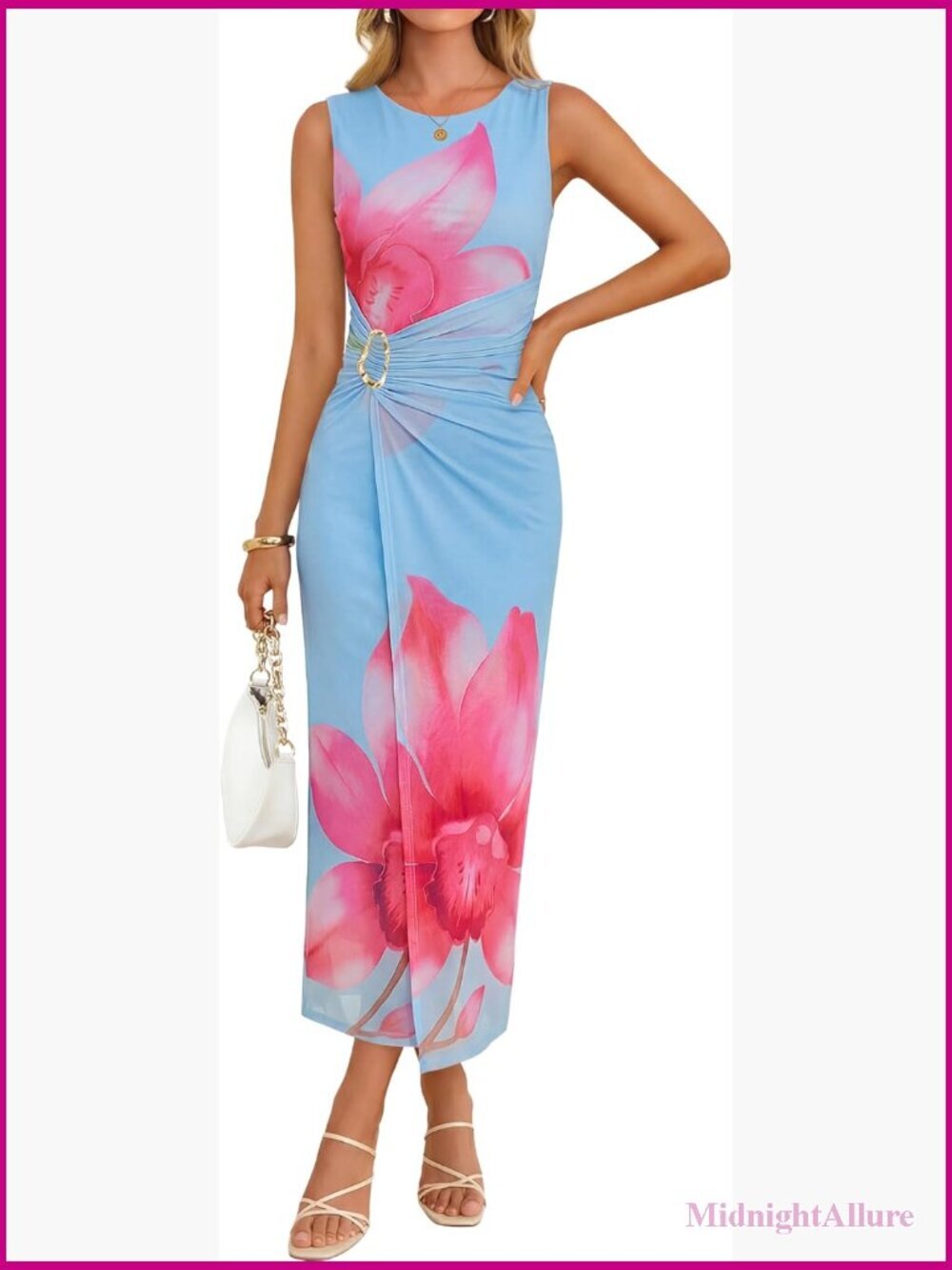 Sleeveless Crewneck Ruched Bodycon Midi Dress with Back Slit